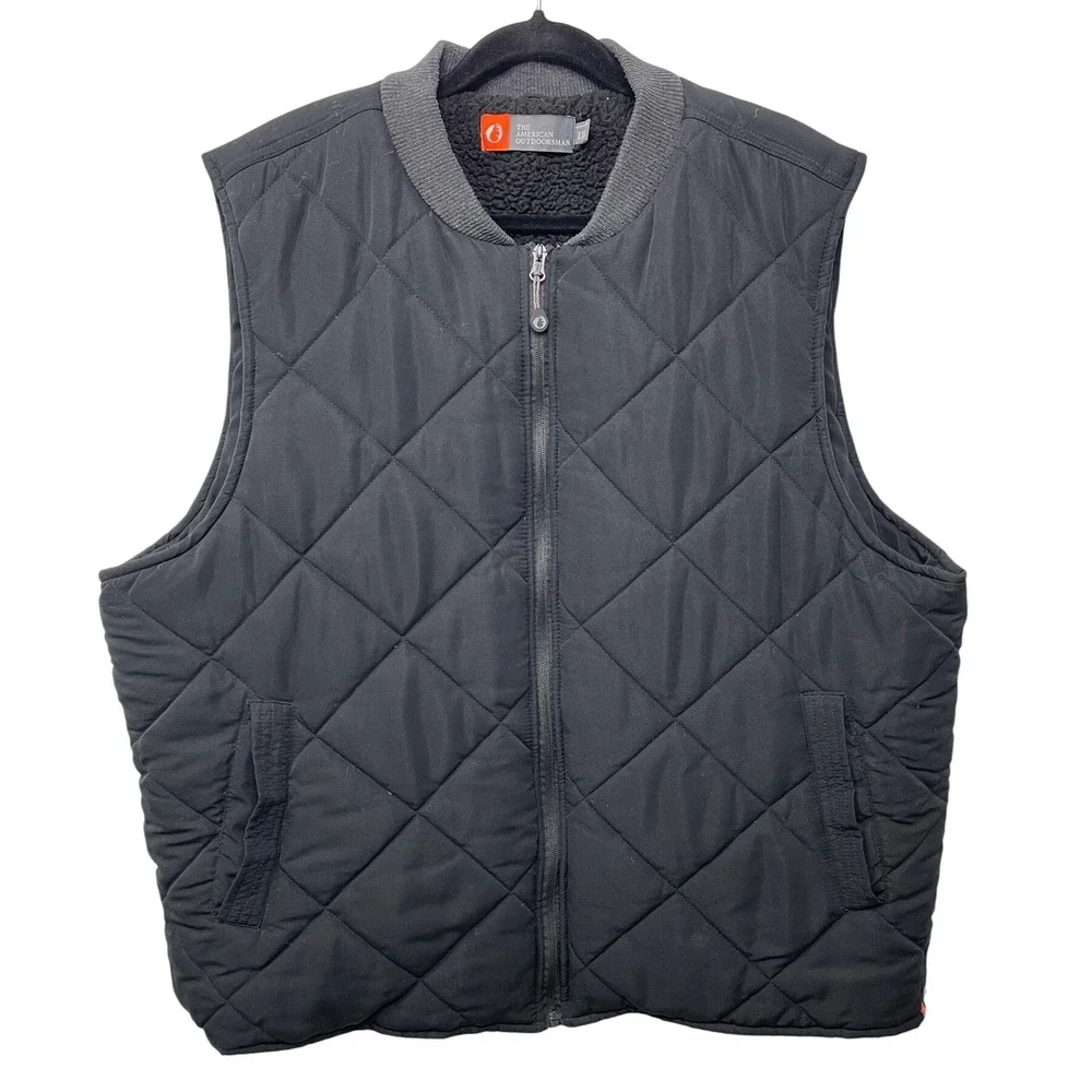 Men American‎ Outdoorsman XXL Black Quilted Vest Fleece Lined Pockets Trail Gorp